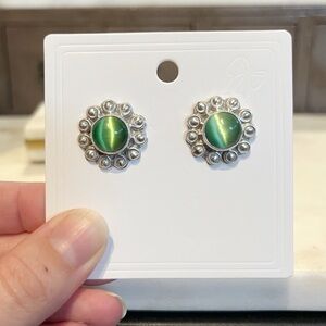 Mexican Sterling Silver Button Stud Earrings with Green Catseye Gemstone